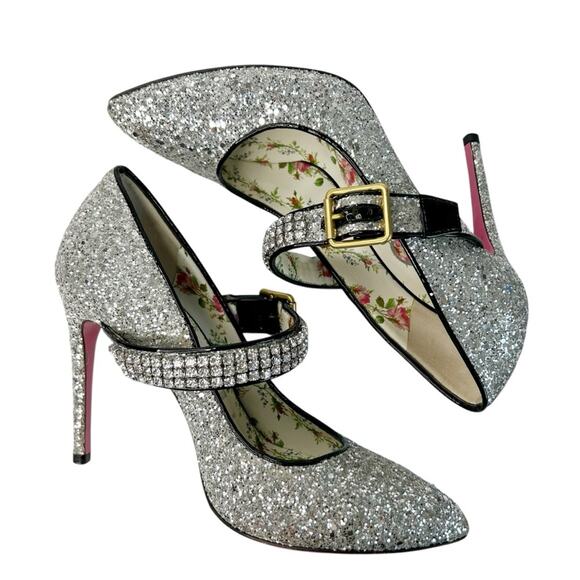 GUCCI Sylvie Silver Glitter Crystal Maryjane Pumps - Picture 5 of 11